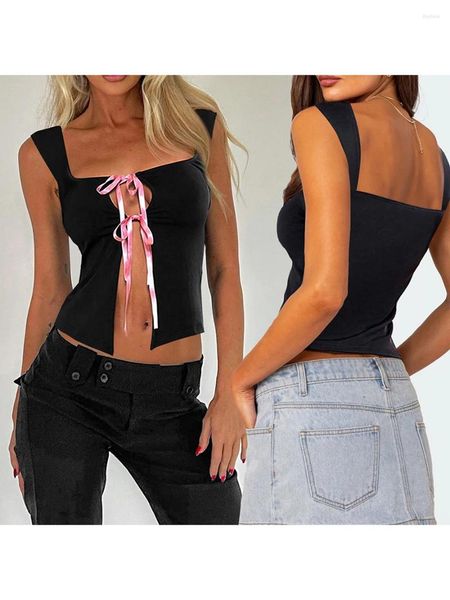 Damen Tanks Damen S Sommer Tie Up Camisole Tops Ärmellos Square Neck Bustier Crop Open Front Cardigan Fairy Y2k Tank Top