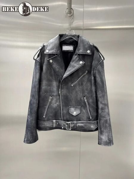 Vintage Women Punk Moto Biker Orijinal Deri Ceket Fermuar Yakel Gevşek Uygun Yüksek Kaliteli Kısa Kısa Ceket Özelleştirilmiş 20 Gün 240129