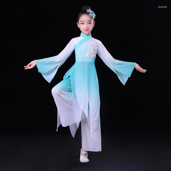 Palco desgaste crianças trajes chineses clássicos yangko nacional quadrado dança tradicional hanfu guarda-chuva prática fã