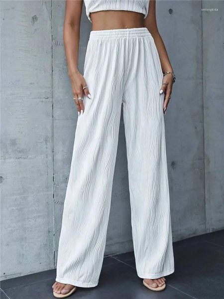 Damenhose Solid White Rib Knit Wide Leg Damen Frühling Sommer High Street Style Y2K Casual Elastic Waist Hose Streetwear 2024