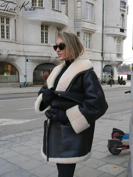 Женская кожаная модная теплая шуба женская 2024 зимняя с длинным рукавом шикарные бархатные пальто с лацканами женская уличная черная женская велосипедная куртка