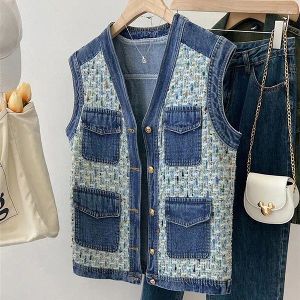 Coletes femininos xiaoxiangfeng denim colete com decote em v sem mangas na moda 2024 primavera outono casual moda bolso botão cardigan topos