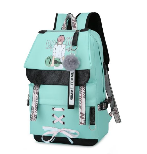 Große Schultaschen für Teenager-Mädchen, Rucksack, Schultasche, groß, grün, USB-Druck, niedliche Mädchen-Büchertaschen, Student, modisch, Schleife, neu, L6580089