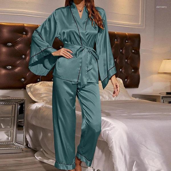 Damen-Nachtwäsche 2024Pyjamas für Frauen 2-teilige lose langärmelige Strickjacke mit V-Ausschnitt Hose Kimono Herbst Casual Night Female Loungewear