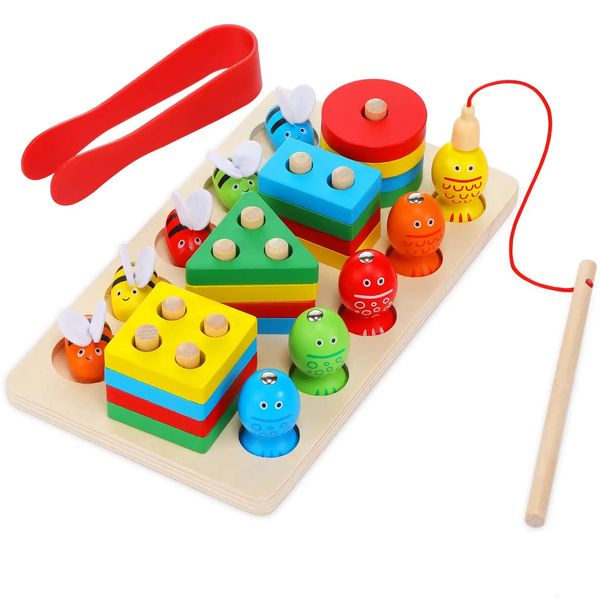 3in1 bebê montessori brinquedos de pesca quebra-cabeças de madeira forma classificador brinquedo crianças empilhamento educacional para 25y madeira sensorial 240202