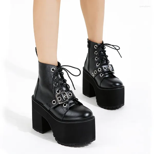 Botas estilo punk mulheres sapatos rendas até salto grosso altura 11cm plataforma mulher gótico tornozelo decoração de metal genuíno couro