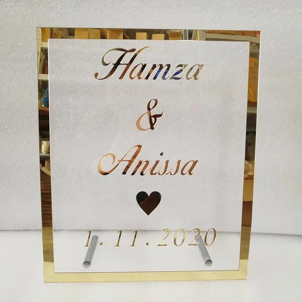 Nomes de casal de casamento personalizado sinal espelho acrílico quadro bem-vindo convidados palavra sinais festa decoração favor 240127