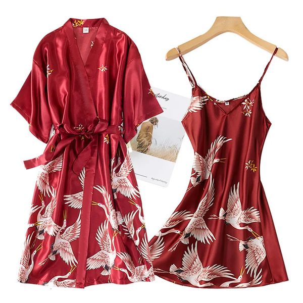 Burgundy Women 2pcs Faux Silk Kimono Robe Gown Sets Sexy Print Crane Night Rades