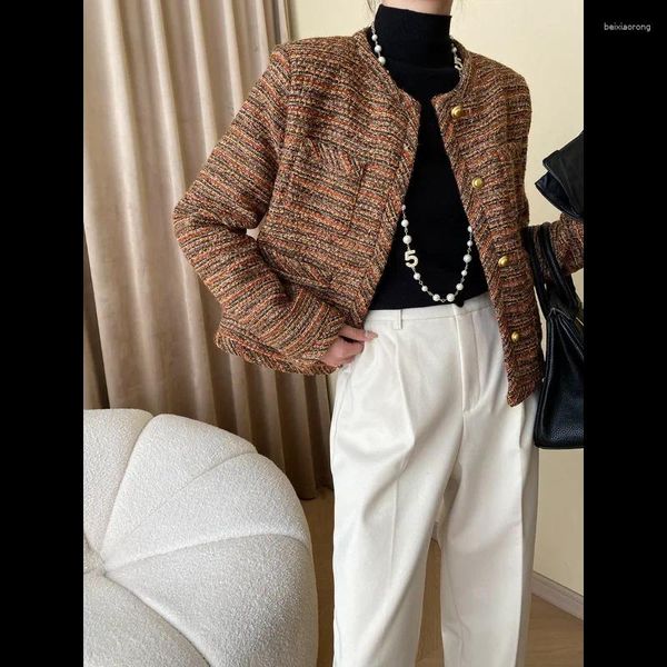 Kadın Ceketleri Kadınlar Vintage Brown Tweed Ceket Küçük Koku Uzun Kollu Çizgiler Pamuk Astar Zarif Temel Moda Sonbahar Kış
