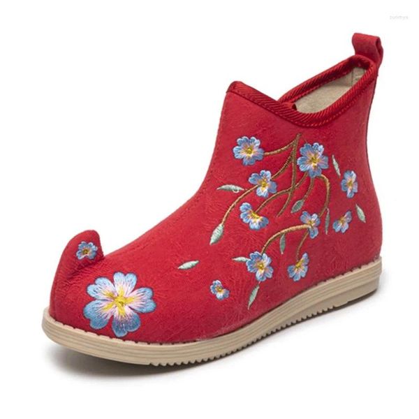 Botas Kruleepo Estilo Chinês Crianças Meninas Sapatos Casuais Primavera Outono Floral Impressão Stitchwork Bordado Botas de Algodão