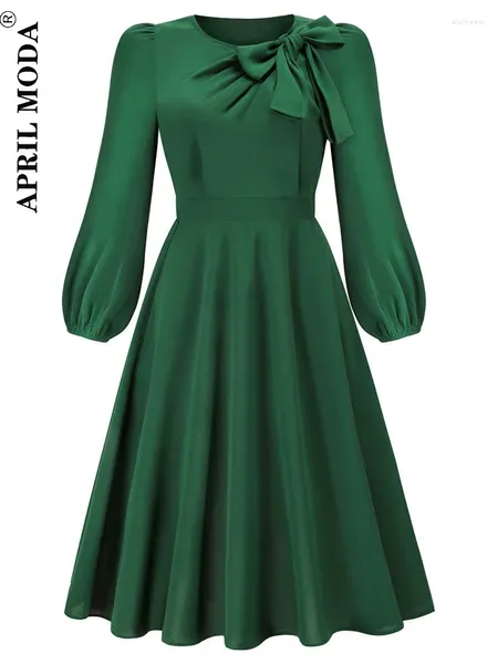 Abiti casual anni '50 manica lunga elegante tunica da ufficio abito da festa tinta unita verde rosso nero donna vintage swing A Line vacanza da sera