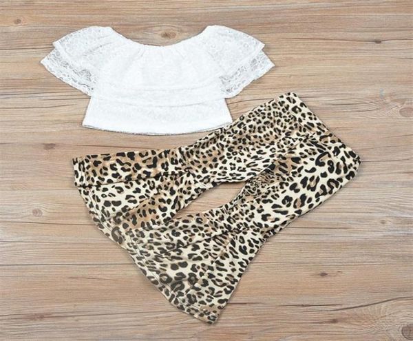 Verão nova criança crianças menina fora do ombro branco rendas topos camisa leopardo flare pant bellbottom moda 2 peças conjunto de roupas y200831268577532