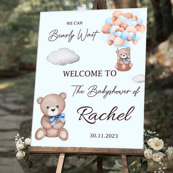 Cartello personalizzato per baby shower di benvenuto Orso Possiamo aspettare con pazienza Scheda KT personalizzata per decorazioni per feste di compleanno di 1 anno 240127