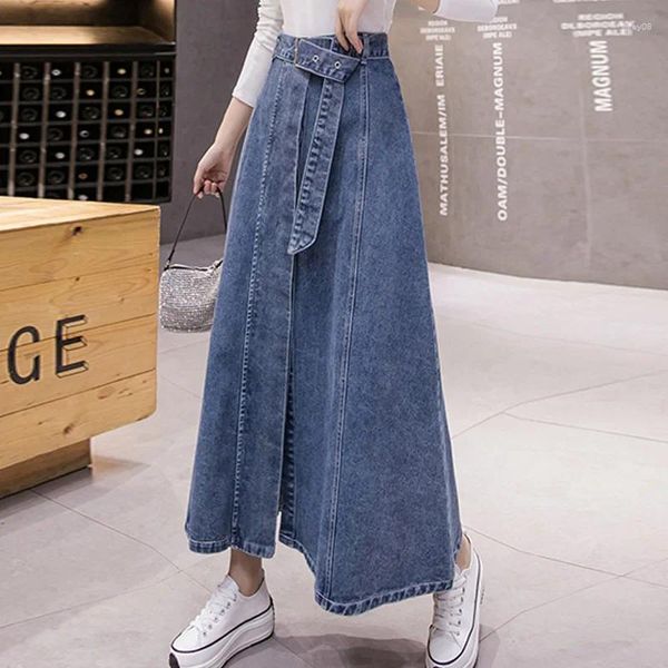 Röcke Frauen Frühling Sommer Lange Denim Rock Mode Patchwork Einreiher Hohe Taille Beiläufige Lose Hellblaue Jeans