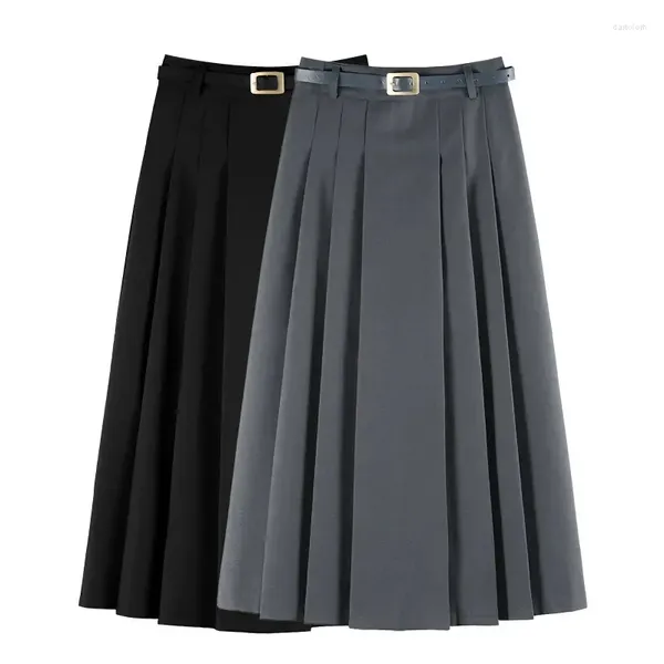 Юбки Серый костюм Юбка средней длины для женщин весной и летом 2024 Ниша с высокой талией Тонкая повседневная плиссированная юбка