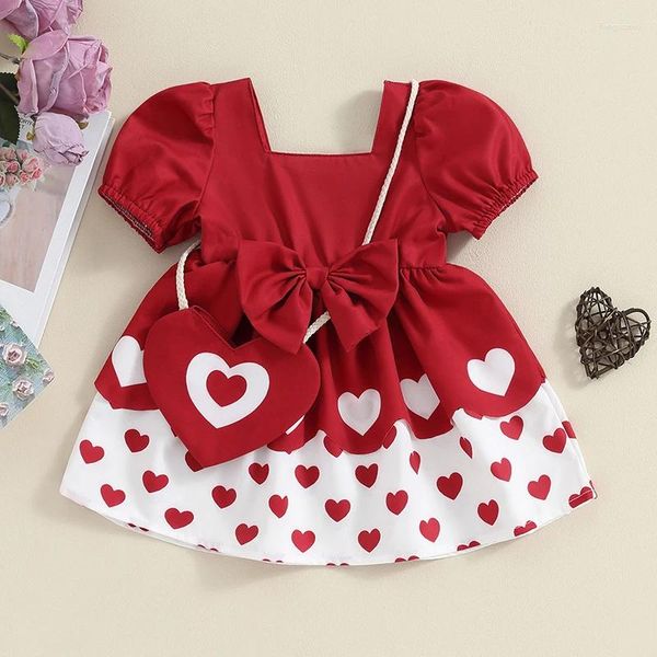 Mädchen Kleider EWODOS Baby Kleinkind Set Kurzarm Square Neck Herz Druck 3D Schleife Kleid Form Umhängetasche Für Party hochzeit