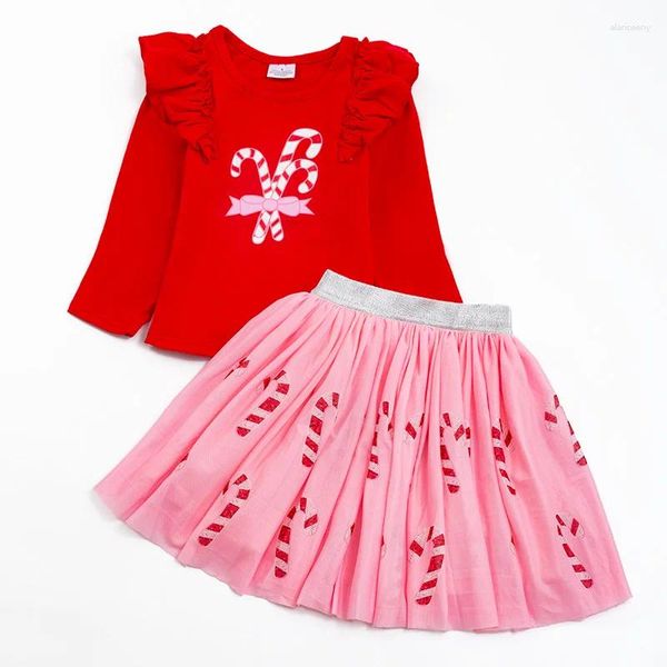 Abiti da ragazza Girlymax Natale Inverno Neonate Vestiti Candy Cane Tutu Gonna Abito con volant Set sopra il ginocchio Abbigliamento per bambini