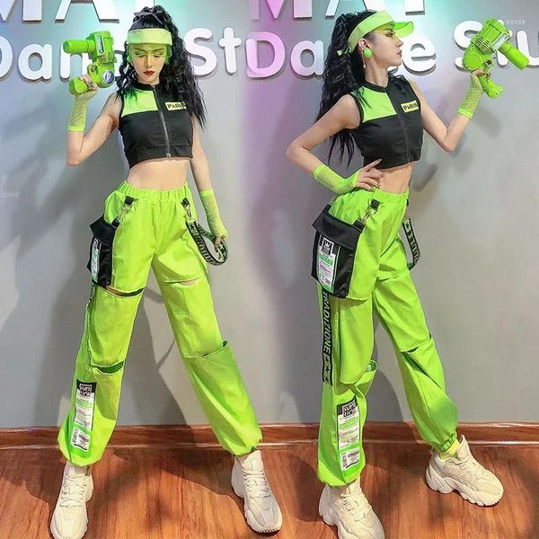 Stage di Usura 2024 Costumi di Danza Jazz Ragazza Coreana Abbigliamento di Prestazione di Gruppo Hollow Jeans a Gamba Larga Vestito Hip Hop Rave Outfit SL5009