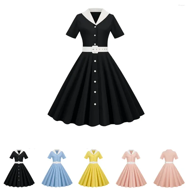 Casual Kleider Robe Swing Vintage OL Büro Kleid Frauen Kurzarm V-ausschnitt Taste Party Sommer 2024 Knielangen Vestidos Gürtel