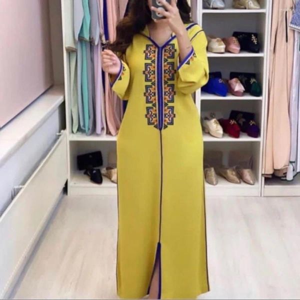 Etnik Giyim Abaya Kadınlar İçin Ramazan İslami V-Gutt Jellaba Robe Uzun Kollu Sarı Gevşek Elbise Moda Arap Dubai