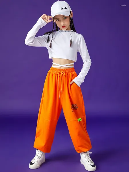 Stage Wear Kpop Meninas Roupas Brancas Crop Tops Laranja Sweatpants Mangas Compridas Hip Hop Traje Crianças Modern Dance Practice Show BL9384