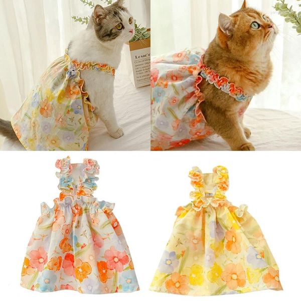 Trajes de gato pequeno vestido de cachorro flor pet saia óleo pintado filhote de cachorro vestidos cinta princesa roupas yorkshire