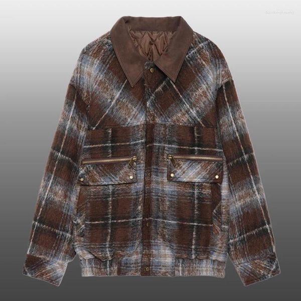 Jaquetas masculinas de alta qualidade inverno homens xadrez impressão padrão jaqueta streetwear vintage lazer casaco grande bolso workwear top