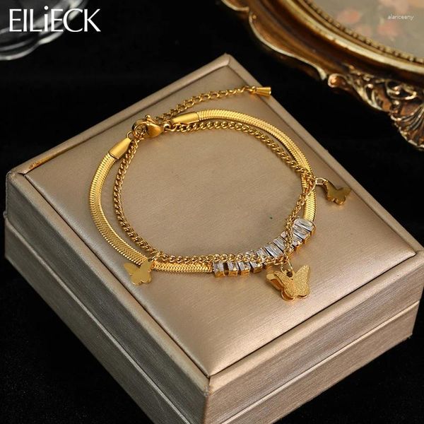 Charme Pulseiras Eilieck 316L Aço Inoxidável Borboleta Branco Zircão Pulseira Para Mulheres Menina Moda 2in1 Correntes Bangles Jóias Presente Festa