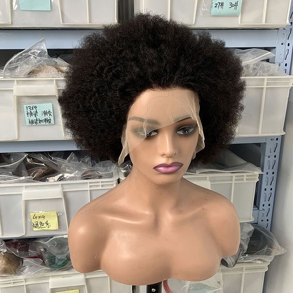 Toptan Kısa Afro Kinky Kıvırcık% 100 İnsan Saçları Brezilya Bakire% 100 Ham 10a Sınıf Afro İnsan Saç Dantelli Peruk