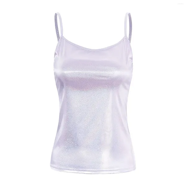 Bühnenbekleidung Damen Metallic-Tanktop, ärmellos, Tanz-Performance-Kostüme, lässig, glänzendes Lackleder, Spaghetti-Schultergurte, Weste, Tops