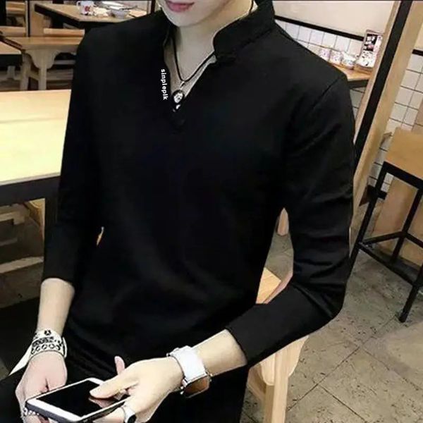 Стильная однотонная футболка с принтом и воротником-стойкой, мужская одежда, осенние повседневные пуловеры, свободная корейская футболка 240122