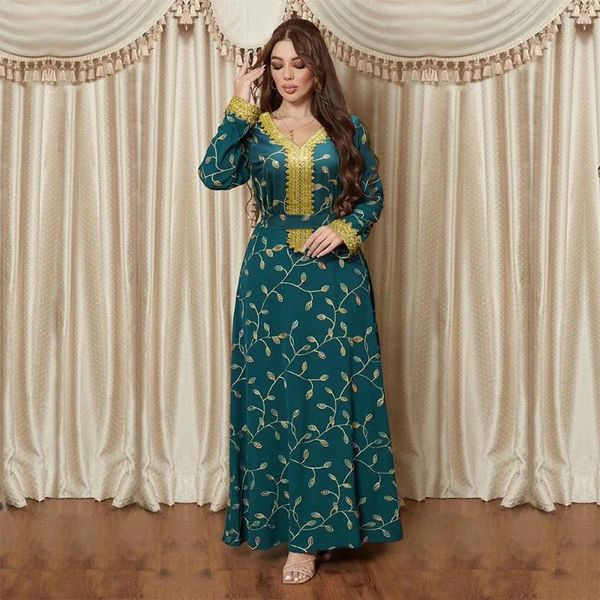Ethnische Kleidung Abaya Dubai Muslimisches Kleid Arabische Mode Paillettenstickerei Goldspitze bestickte Robe Türkei Islam 500188