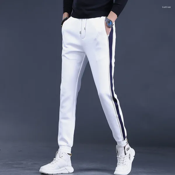 Мужские брюки, модные спортивные мужские брюки с боковой полоской, осенние белые облегающие брюки для бега с эластичной резинкой на талии и шнурком