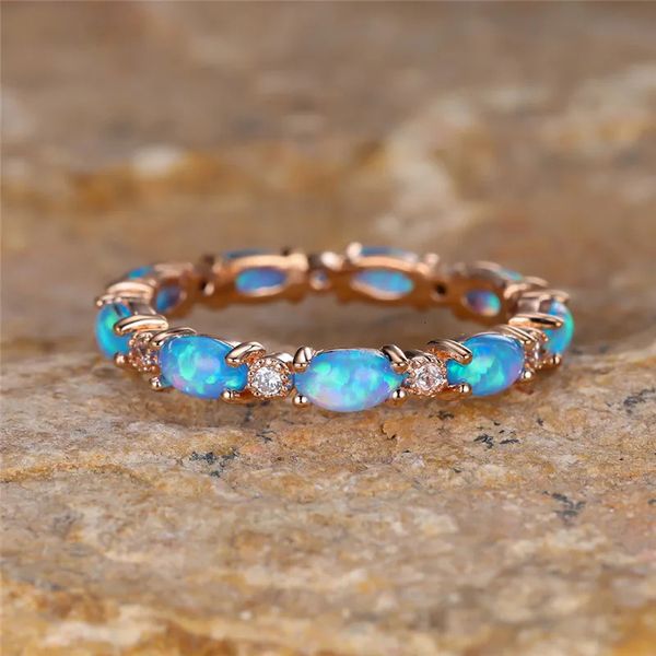 Weißer runder Zirkon-Verlobungsring, blauer Opal, kleiner ovaler Stein, Ringe für Frauen, Roségoldfarben, Eheringe, Schmuck, Brautgeschenke 240125