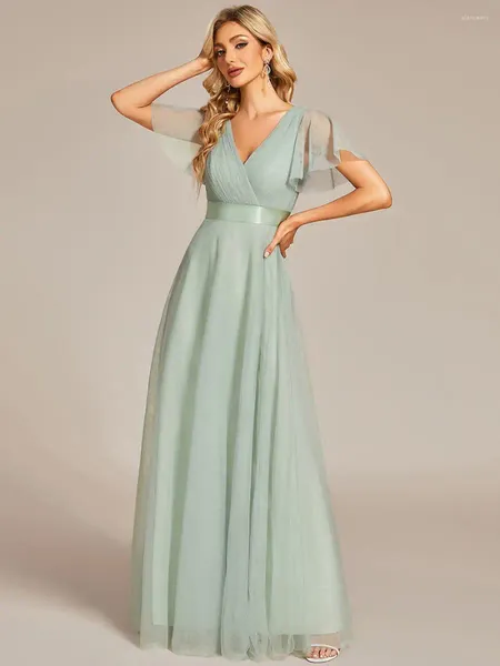 Abiti da festa Abito per la madre della sposa di lusso Scollo a V da donna lungo fino al pavimento 2024 Chiffon sexy verde menta damigella d'onore