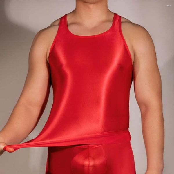 Conjuntos de sutiãs homens óleo brilhante transparente sem mangas sexy tanque exótico colete esporte musculação yoga colheita tops para homem roupas