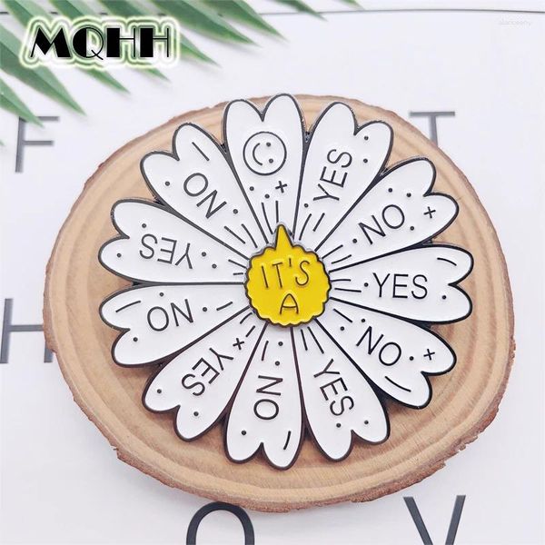 Broschen Kreative runde weiße Blume Chrysantheme Emaille Pins JA NEIN drehbare Wahl Legierung Brosche Abzeichen personalisierte Schmuck Geschenk