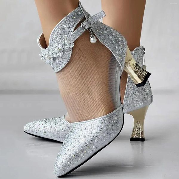 Scarpe eleganti Tacco alto Sandali argento per donna Casual Tempo libero Punta a punta Calzature femminili bianche Eleganti tacchi sottili da sposa