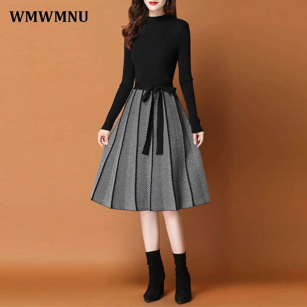 Elegantes gestricktes Patchwork-Pullover-Kleid Winter Dicke Frauen Hübsche Kleider Hälfte Rollkragen Koreanisch Vestidos Strickwaren Midi Elbise 240124