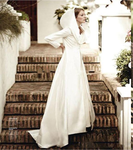 Jaqueta de noiva de cetim de manga comprida, capa de casamento marfim com capuz, casaco longo de inverno 2019, customizado, 2024500