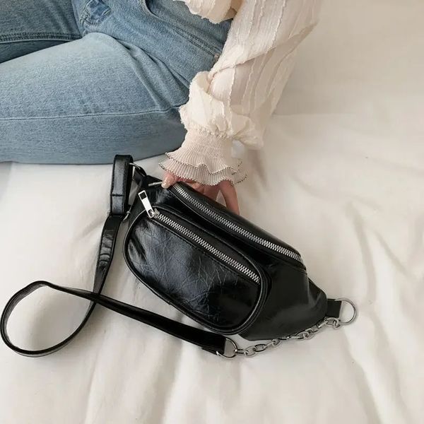 Женская поясная сумка, модный кожаный ремень, нагрудная сумка с цепочкой, поясные сумки для женщин, черная однотонная двойная молния, поясная сумка-банан, сумка для телефона 240130