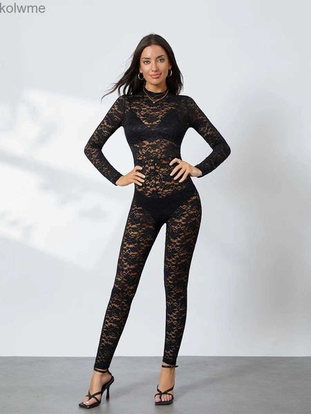 Calças femininas de duas peças feminino floral laço gato terno ver através de malha oco para fora calças compridas bodycon macacão macacão clubwear yq240214