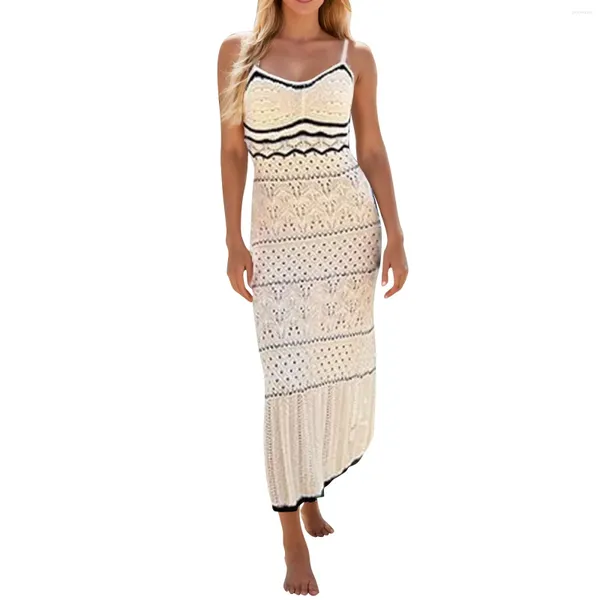 Freizeitkleider Damen Spaghettiträgerkleid Häkelöse Öse Ärmellos Gestreift Midi Sommer Strand Strick Lang Mode Damen