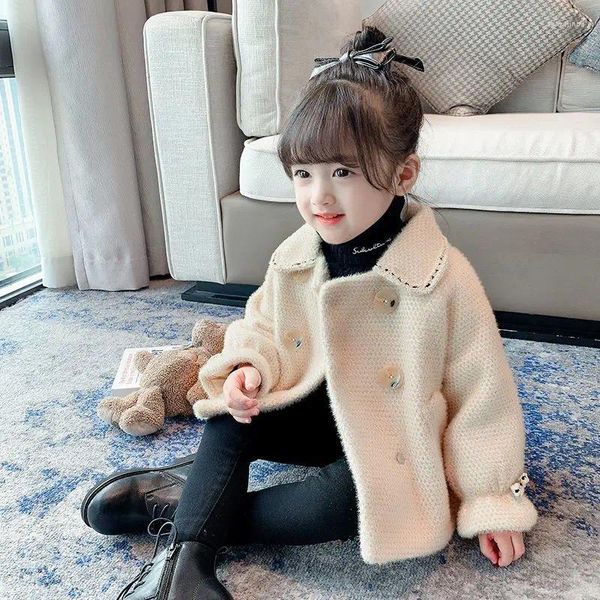 Down 2024 Kore versiyonu moda katı kalın koru sıcak sonbahar kış kızlar sevimli ceket peluş peluş windbreaker çocuklar için ty70