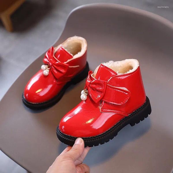 Stiefel Winter Mädchen Lackleder Perlen Knöchel Kinder Schleife Plüsch Warme Schuhe Kleinkind Quadratischer Absatz Schnee 6-12 Jahre