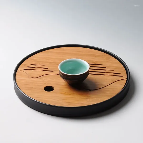Bandejas de chá conjunto de bandeja de chá de bambu chinês e plástico com placa de traval de armazenamento de água de drenagem fácil de tomar quadrado redondo