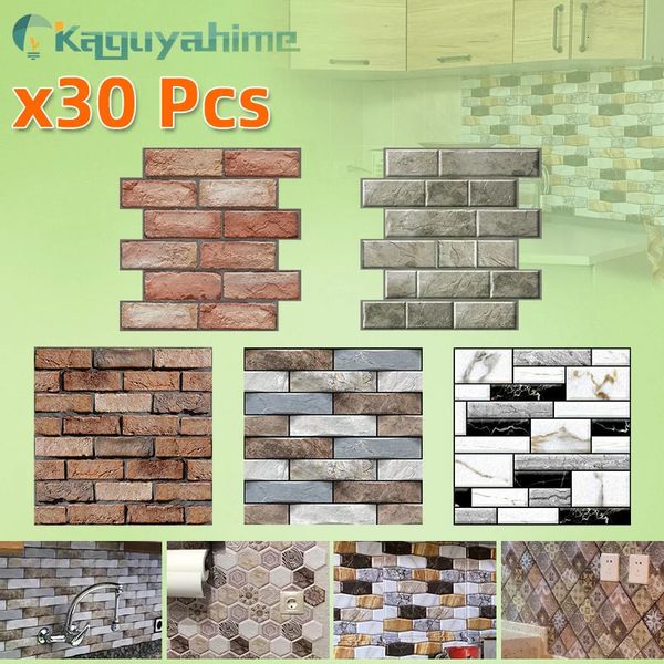 K 30pcslot 3D Self -Yapışkan Duvar Kağıdı DIY Tuğla Taş Ahşap Mermer Mozaik Su Geçirmez Duvar Eşitleri Ev Dekorasyon Kitchen 240122