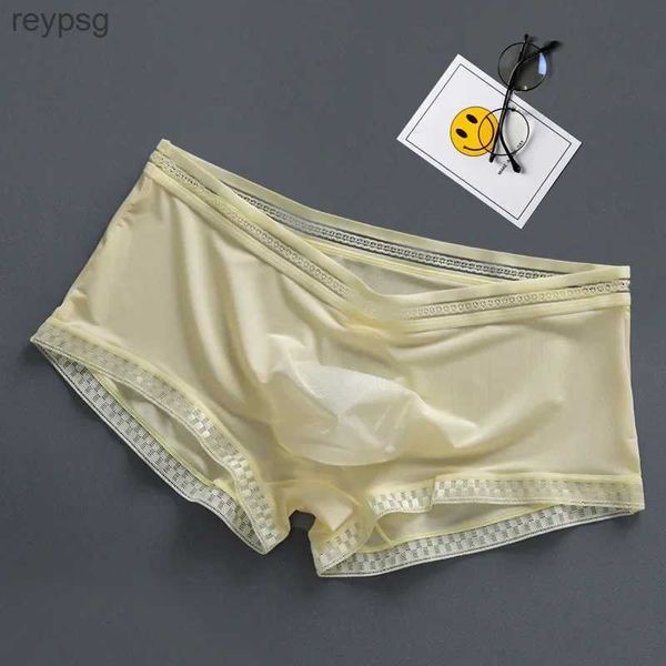 Cuecas dos homens boxers calcinha de seda de gelo verão legal boxer respirável 3d bolsa seta shorts moda transparente masculino yq240214