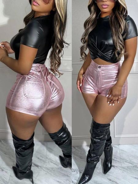 Shorts femininos haoyuan sexy doce cor metálica pu couro para mulheres streetwear moda calça curta rave roupas cintura alta booty