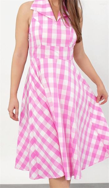 Casual Kleider Frauen Vintage Plaids A-Line Midi Kleid Ärmellos Rückenfrei Neckholder Ausgestelltes Party Urlaub Retro Vestidos S-XXL